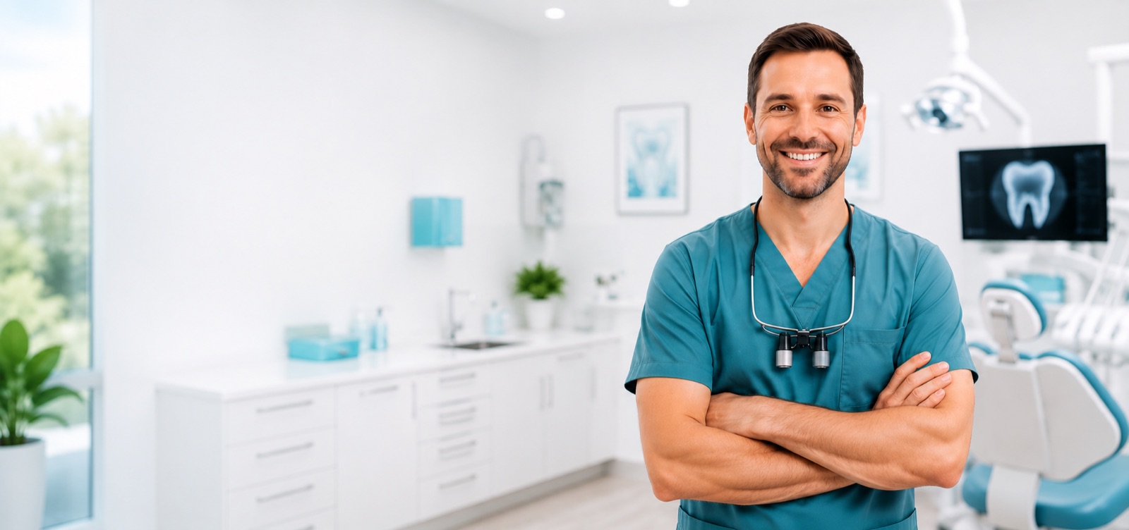 Smiling dentist with arms crossed in a bright, modern dental practice
